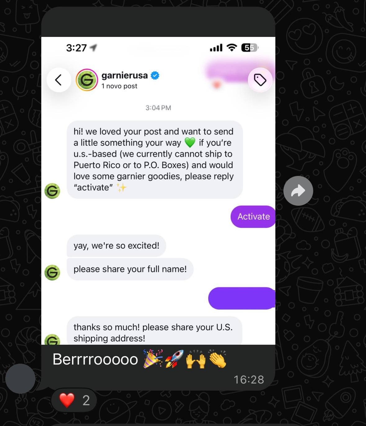 Conversa no Instagram em que a Garnier convida a participante para receber produtos