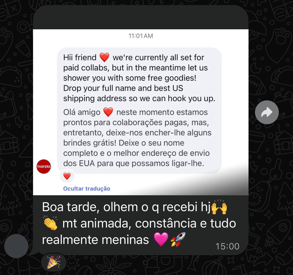 Mensagem da Thayers oferecendo produtos para a participante